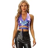 Allegra K Metallic Halter Neck Top for Women's Deep V Neck Backless Holographic Crop Tops