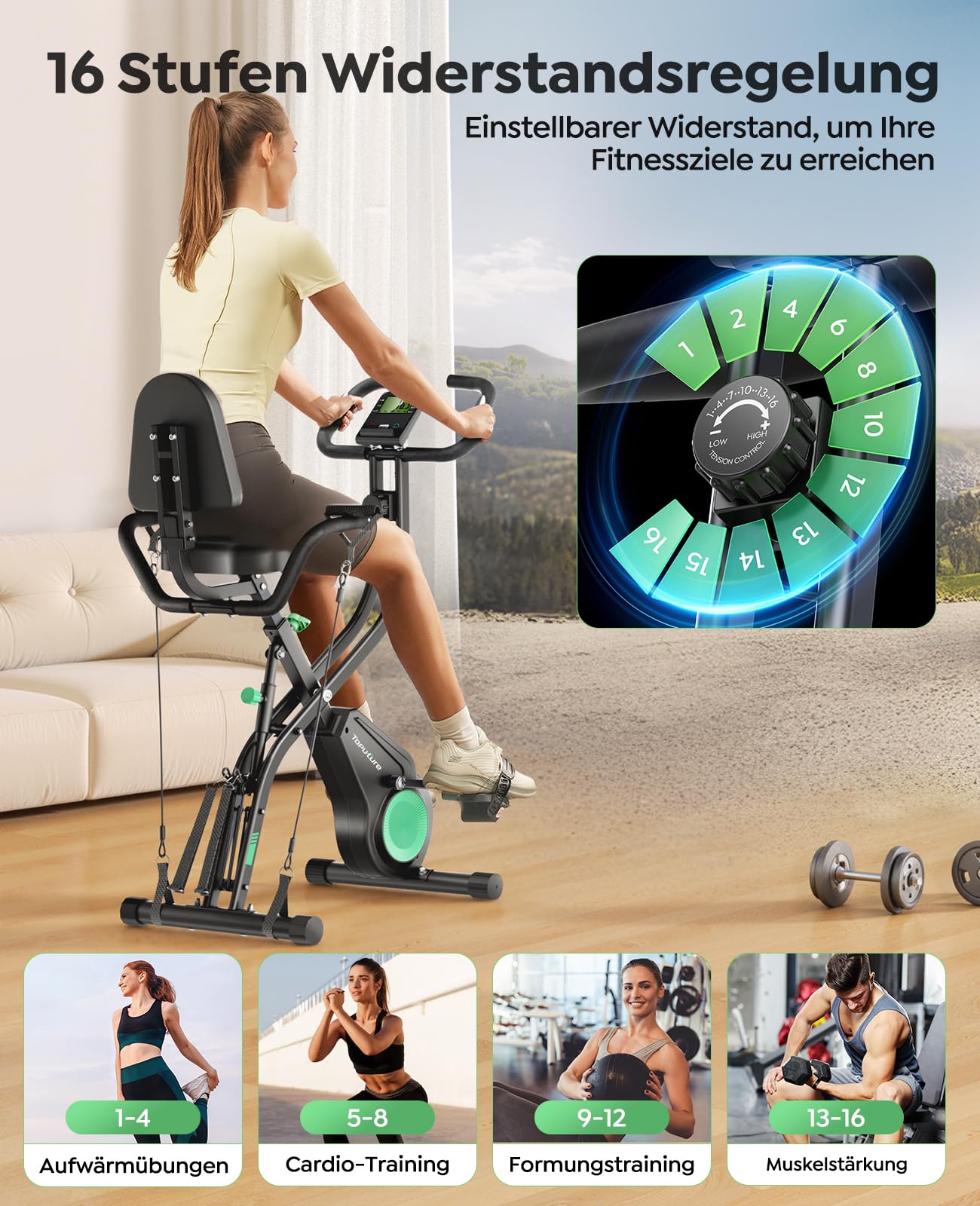 Neu Toputure Heimtrainer Fahrrad Klappbar mit App, 5-in-1 Ergometer mit Hand-Bein-Zugseilen, 16 Magnetwiderstand, Indoor Hometrainer bis 140 KG, Ultraleise 3