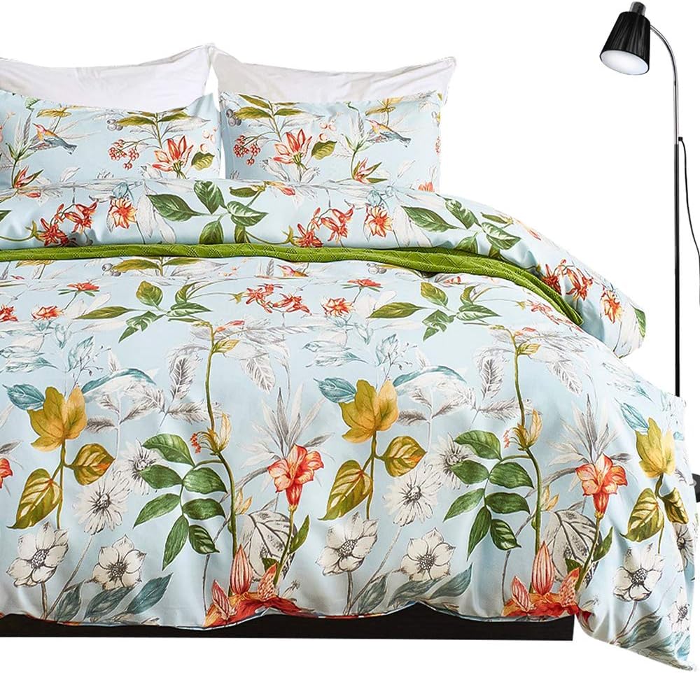 Miffrovn Floral Duvet Cover Set Twin（66x90 Inch）, 2 Pieces(1 Pillowcase, 1 Duvet Cover) Flower Plant Microfiber Bedding Set, Botanical Blossom Duvet Cover Twin, Blue Floral for Women (No Comforter)