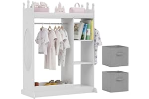 Glaf Kids Dress up Storage with Mirror, Kid Armoire Wardrobe with 3 Hooks and Fabric Storage Bins, Opening Hanging Baby Closet for Nursery, Kids Room, Preschool (White Wash)