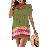 VIAURBE Women's Swimsuit Crochet Cover Up V Neck Hollow Out Bathing Suit Coverup Color Block Side Split Mini Dress