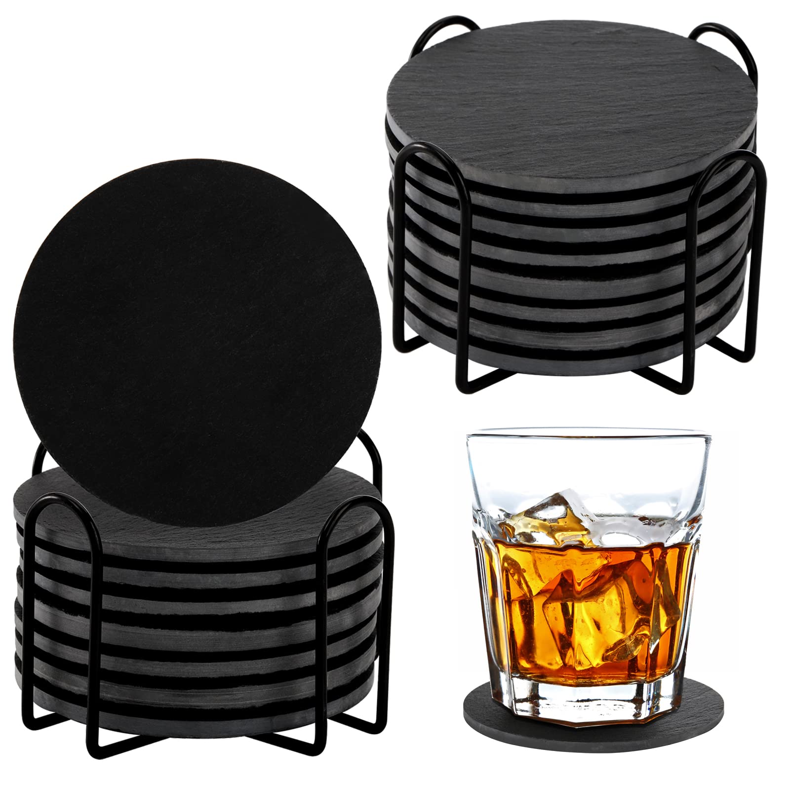 Photo 1 of Dicunoy 16PCS Slate Coasters, 4 Inch Round Drink Coasters with Holders, Rustic Farmhouse Style Black Marble Coasters for Bar, Kitchen, Coffee Table Decor, Housewarming, Birthday