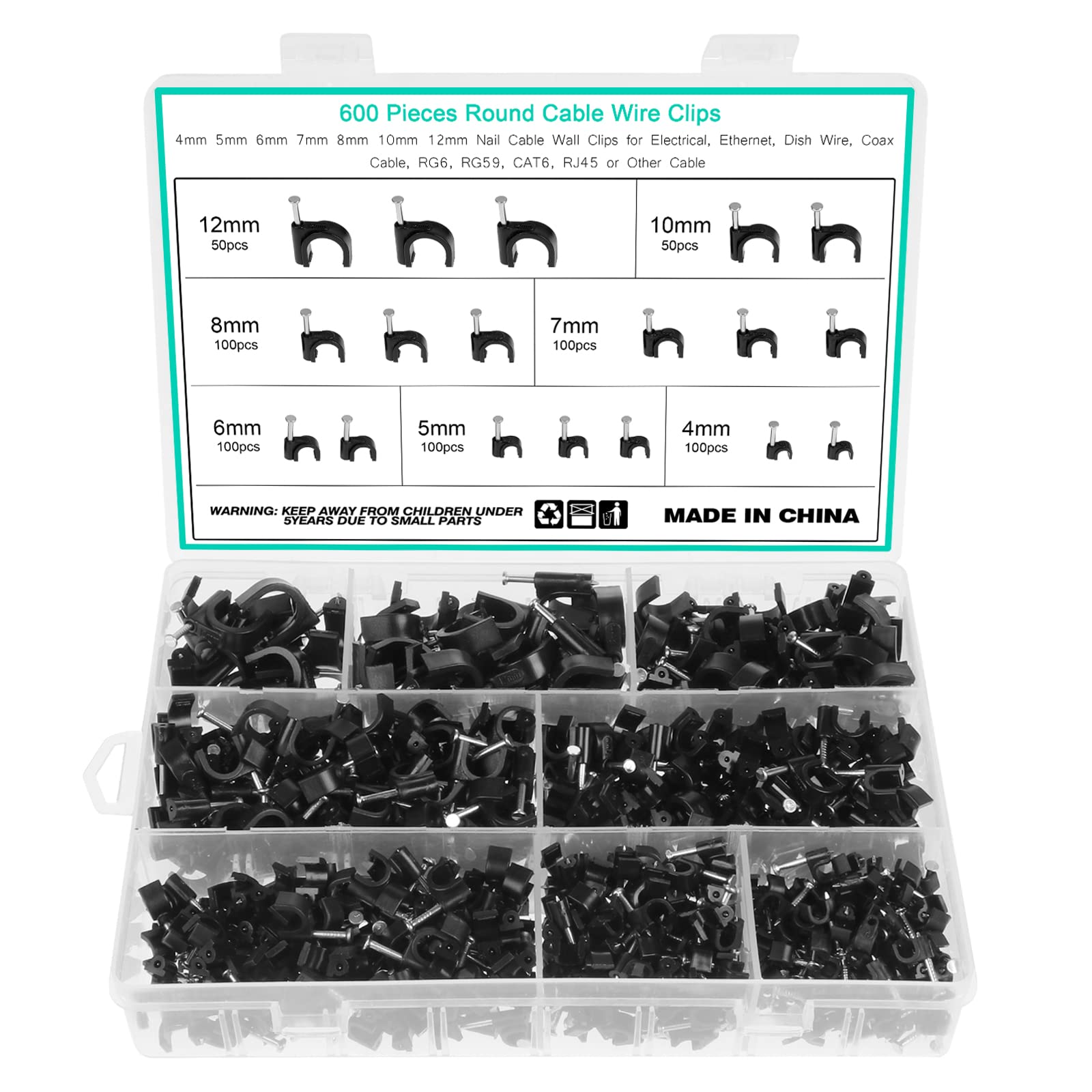 Fippy 600PCS Black Cable Clips Assortment 4mm 5mm 6mm 7mm 8mm 10mm 12mm Steel Nail Cable Clips Cable Tacks for Cable Fixing (Black)