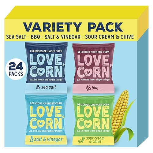 LOVE CORN Variety Pack (6 Sea Salt, 6 BBQ, 6 Salt & Vinegar, 6 Sour Cream & Chive 20g) – Healthy Snacks Ideal for Gluten Free & Vegan Diets – Low Sugar Alternative for Crisps and Mixed Nuts