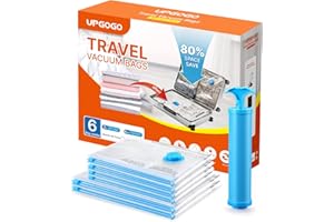 UPGOGO Vacuum Travel Bags for Luggage,Travel Vacuum Bags with Hand Pump,Vacuum Seal Bags for Clothing,Space Saver Vacuum Storage Bags,Travel Essentials,Clothes,Blankets,Pillows (Combo 6 Pack)