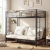 GIANTEX Twin Over Twin Futon Bunk Bed, Convertible Metal Bunk Bed with Futon Frame, 2 Ladders &amp; Safety Guardrails, Heavy Duty Sofa Couch Beds with Under-Bed Space, for Kids, Adults (Rustic Brown)