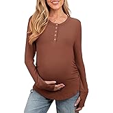FMEYOA Women's Maternity Shirts Casual Long Sleeve Round Neck Button Side Ruched Pregnancy Clothes S-XXL