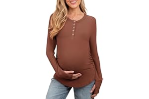 FMEYOA Women's Maternity Shirts Casual Long Sleeve Round Neck Button Side Ruched Pregnancy Clothes S-XXL