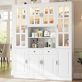 MEISSALIVVE Kitchen Pantry Storage Cabinet with LED Lights, 78.7" Tall with Glass Doors &amp; Drawers, Freestanding Utility Cabinet, White (63" W x 15.7" D)