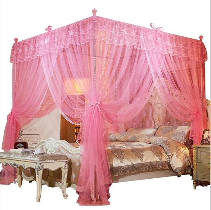 Mengersi 4 Corners Post Canopy Bed Curtain for Girls & Adults - Cute Cozy Bow Netting - 4 Opening -Princess Bedroom Decoration(King,Pink)