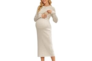 OUGES Women's Wool Blend 2025 Maternity Sweater Nursing Dress Long Sleeve Crew Neck Slim Fit Ribbed Knit Midi Fall Dress