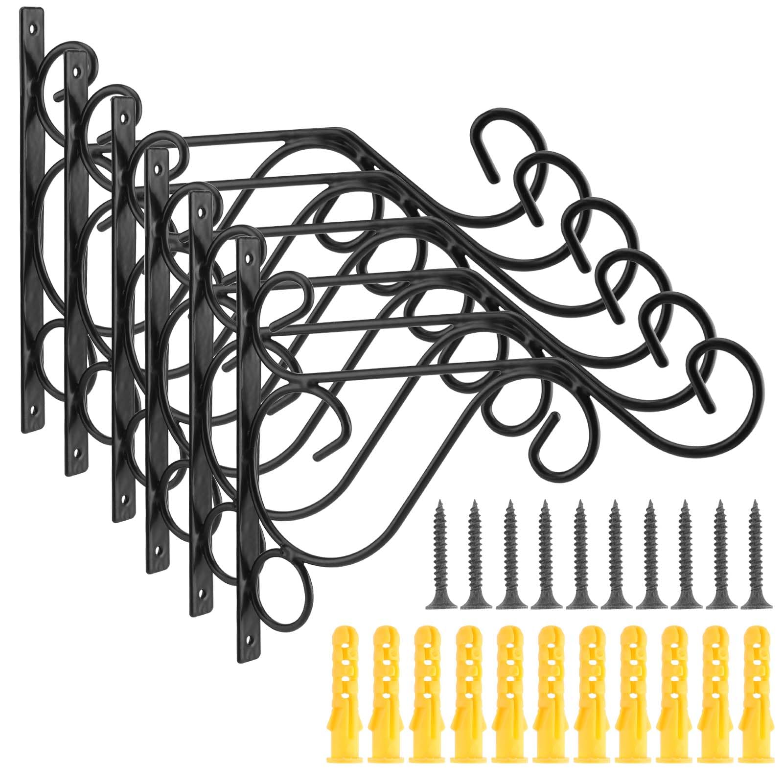 PINGEUI 6 Pack Hanging Brackets Hooks, Black Flower Basket Brackets Outdoor, Metal Wall Hooks Heavy Duty for Lanterns, Wind Chimes, Bird Feeder