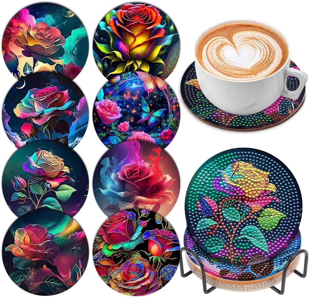 Diamond Painting Coaster, DIY Diamond Painting Glass Coaster with Holder, Non-Slip Drinks Coasters, Round Drinks Cups Coasters, Kitchen Cup Coasters (Rose)