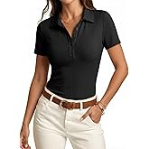Dokotoo Women's Short Sleeve Ribbed Knit Polo Shirt V-Neck Button Down Slim Fit Stretchy Casual Tops