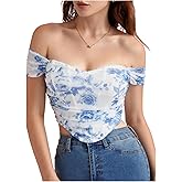 Floerns Women's Off Shoulder Short Sleeve Asymmetrical Hem Ruched Corset Crop Top