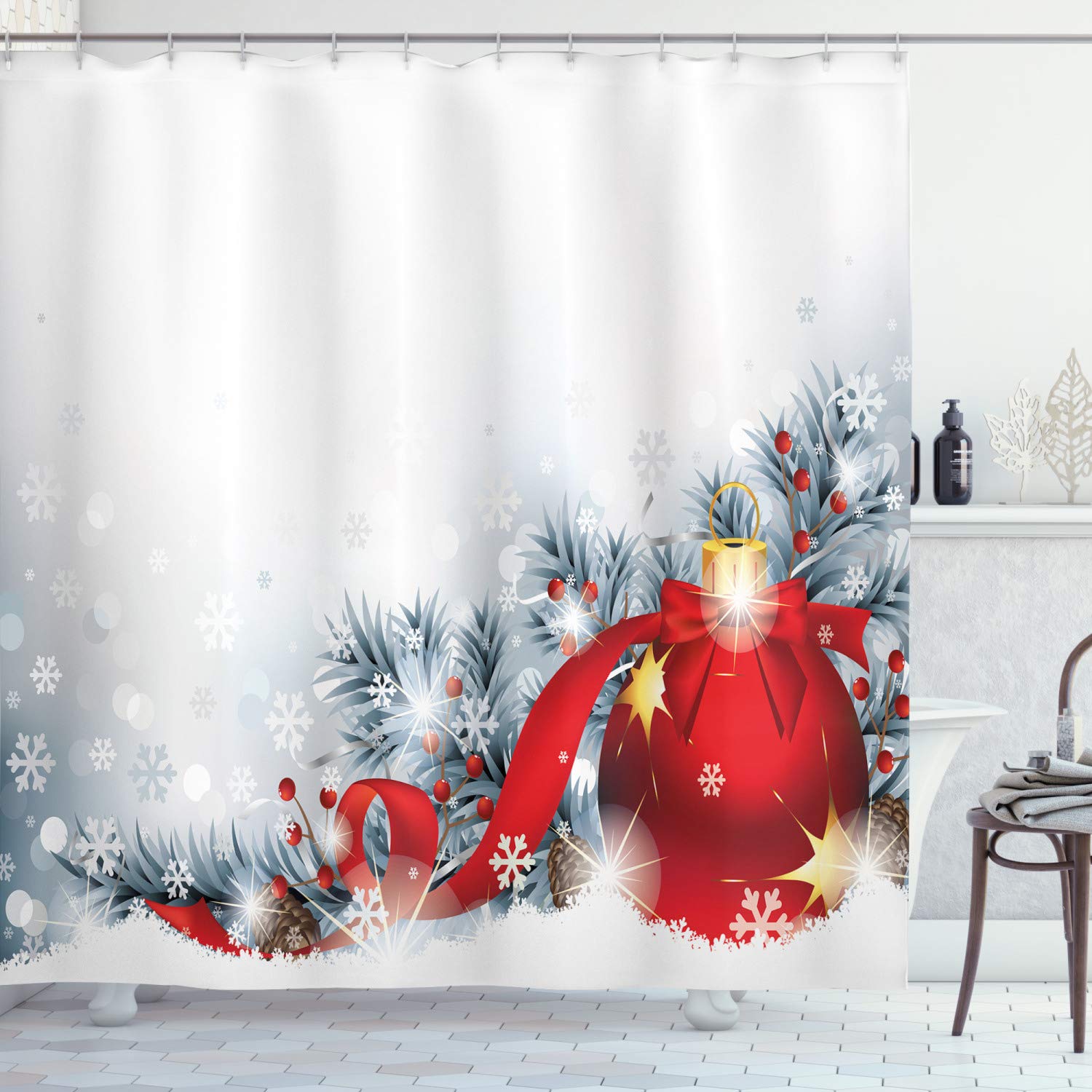 ABAKUHAUS Christmas Shower Curtain, Winter Solstice Noel Design with a Big Ball and Holm Snow Image Print, Cloth Fabric Bathroom Decor Set with Hooks, 78 Inches, White Red