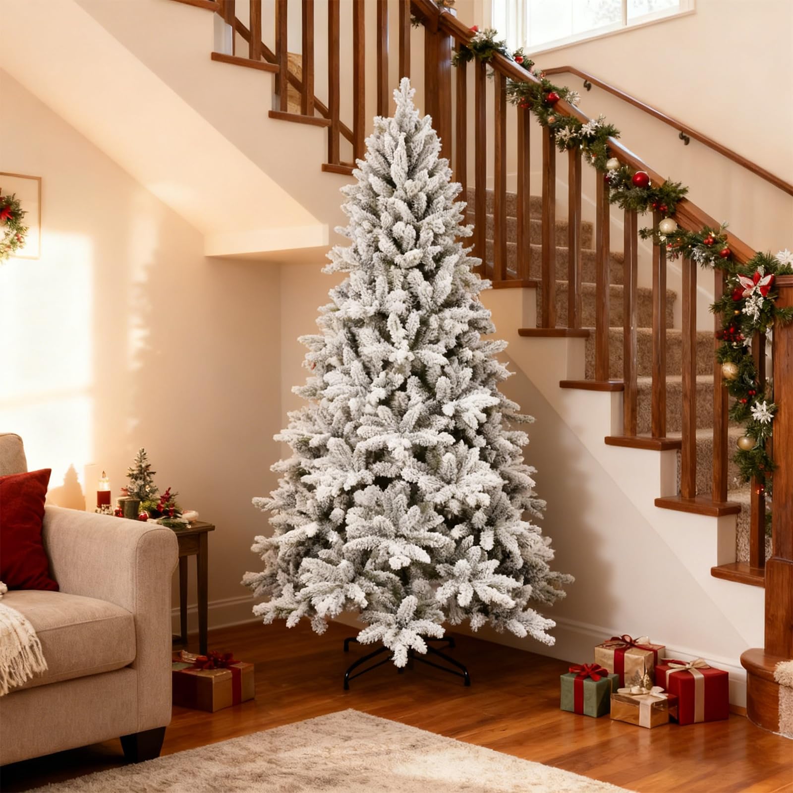 Photo 1 of 5FT Unlit Flocked Christmas Tree, White Artificial Spruce Premium Hinged Snow Xams Tree with 1100 PE & PVC Tips,Suitable for Home,Office & Christmas Party Decorations,Includes Metal Foldable Stand.
