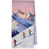 XIVENHAVM Skiing Skier Kitchen Towels - Skiing Skier Waffle Weave Hand Towels, Winter Sports Decorative Dish Towel, Ski Pink Tea Towel for Kitchen Bathroom, 16x24 Inch