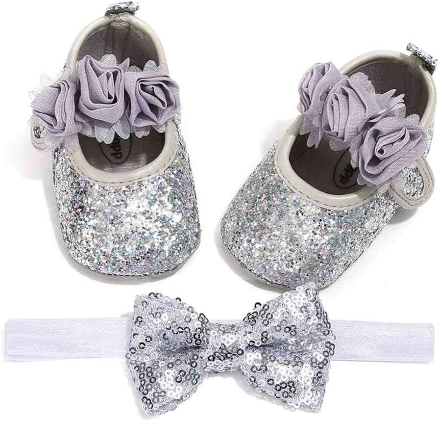 OAISNITBaby Girl Mary Jane Flats Sparkly Soft Infant Princess Dress Crib Shoes with Headband