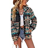 Leyoutx Women's Fall Warm Fleece Aztec Tribal Print Fuzzy Button Down Jacket Lightweight Fluffy Coat