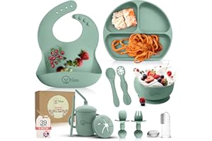 O'doe 11-Piece BPA-Free Silicone Baby Feeding Set | Thick & Soft Suction Plates, Baby Bowls, Wooden Fork & Spoon, and More | Make Mealtime Fun and Easy for Your Little One (Green, V1)