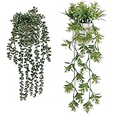 Fuxdre Fake Hanging Plants, 2pcs Artificial Potted Greenery Faux Eucalyptus Vine Fern and String of Pearls in Pot for Home Room Wall Shelf Patio Garden Indoor Outdoor Decor