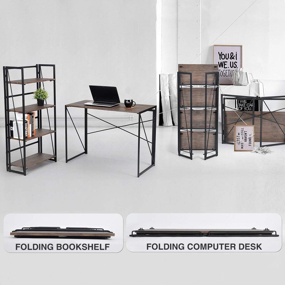 Writing Computer Desk Modern Simple Study Desk Industrial Style Folding Laptop Table for Home Office Notebook Desk Brown Desktop Black Frame: Furniture & Decor