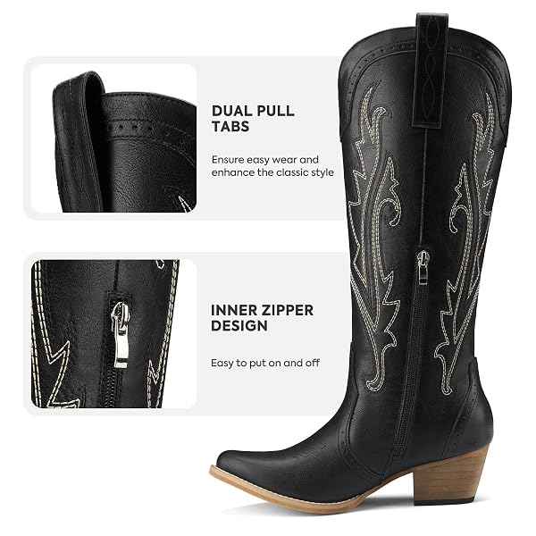 ROLLDA COWBOY BOOTS FOR WOMEN COWGIRL BOOTS EMBROIDERED KNEE-HIGH WESTERN BOOTS POINTY TOE WITH CHUNKY HEEL BLACK SIZE 11