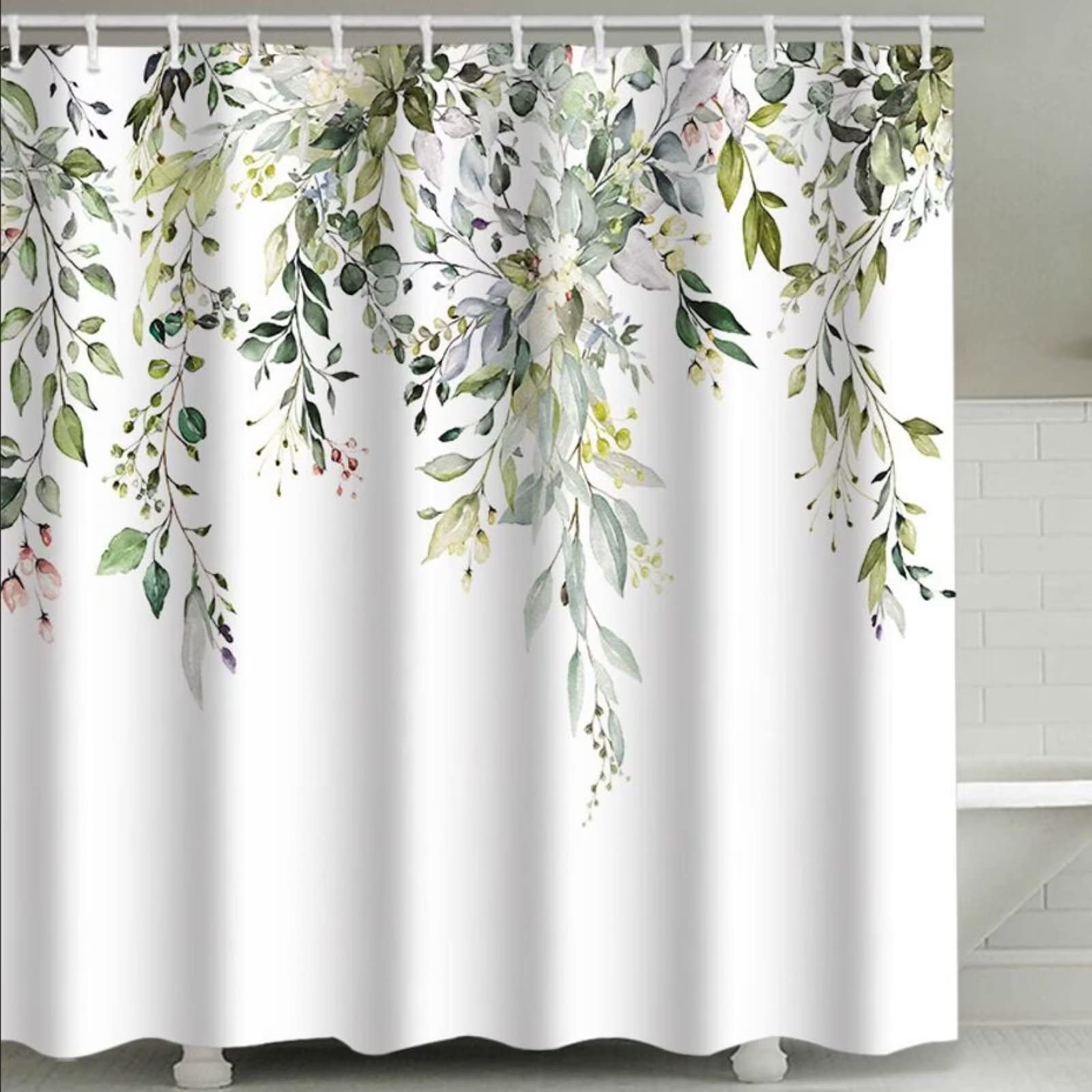 Ezmine Floral Shower Curtain Waterproof Plant Bathroom Decoration Leaves Washable Bathroom Curtain Decor Quick-Drying Shower Curtain with 12 Hooks 180x180cm (71"x71")