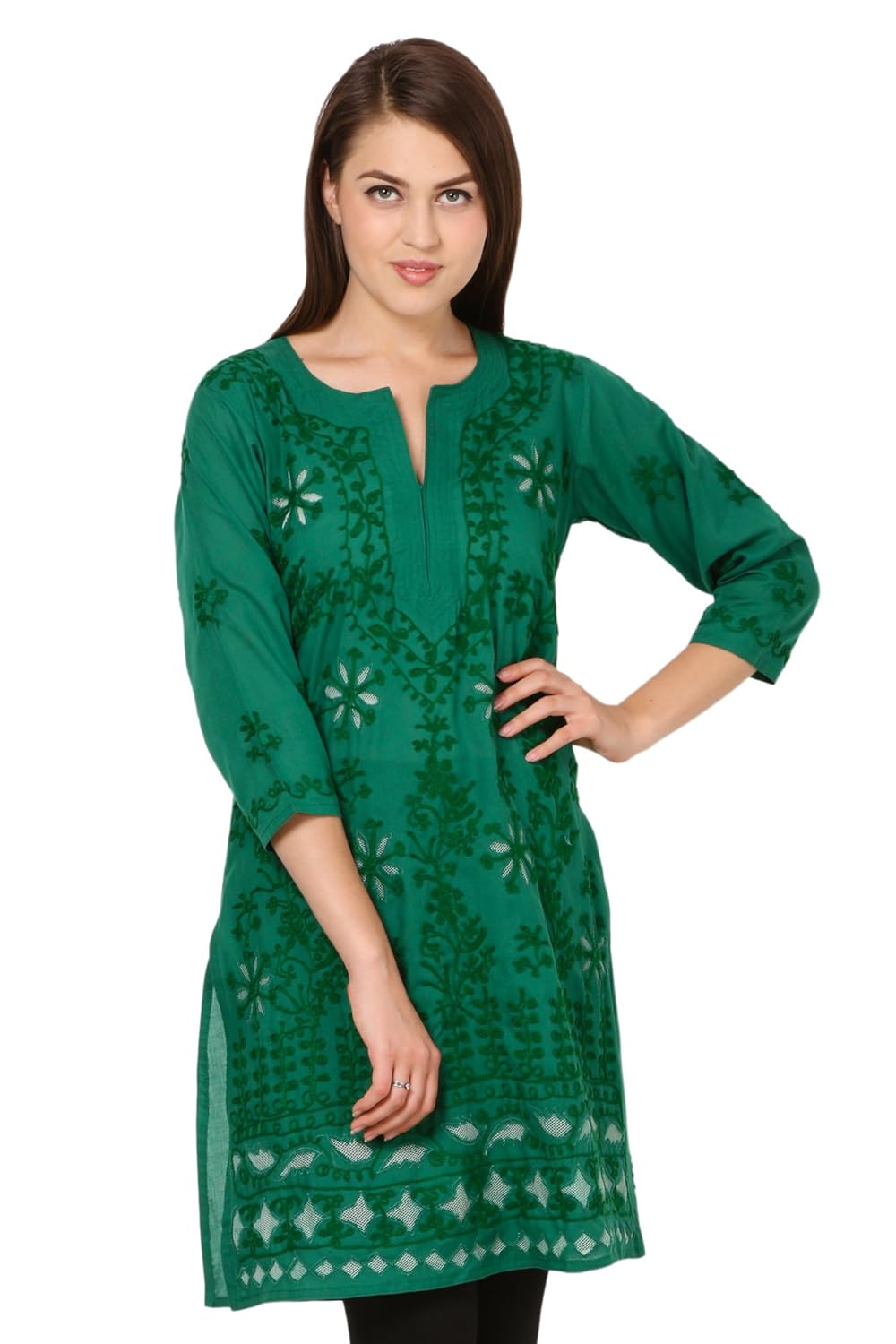 saadgi women's cotton handcrafted network and aari embroidered lucknowi chikan kurta