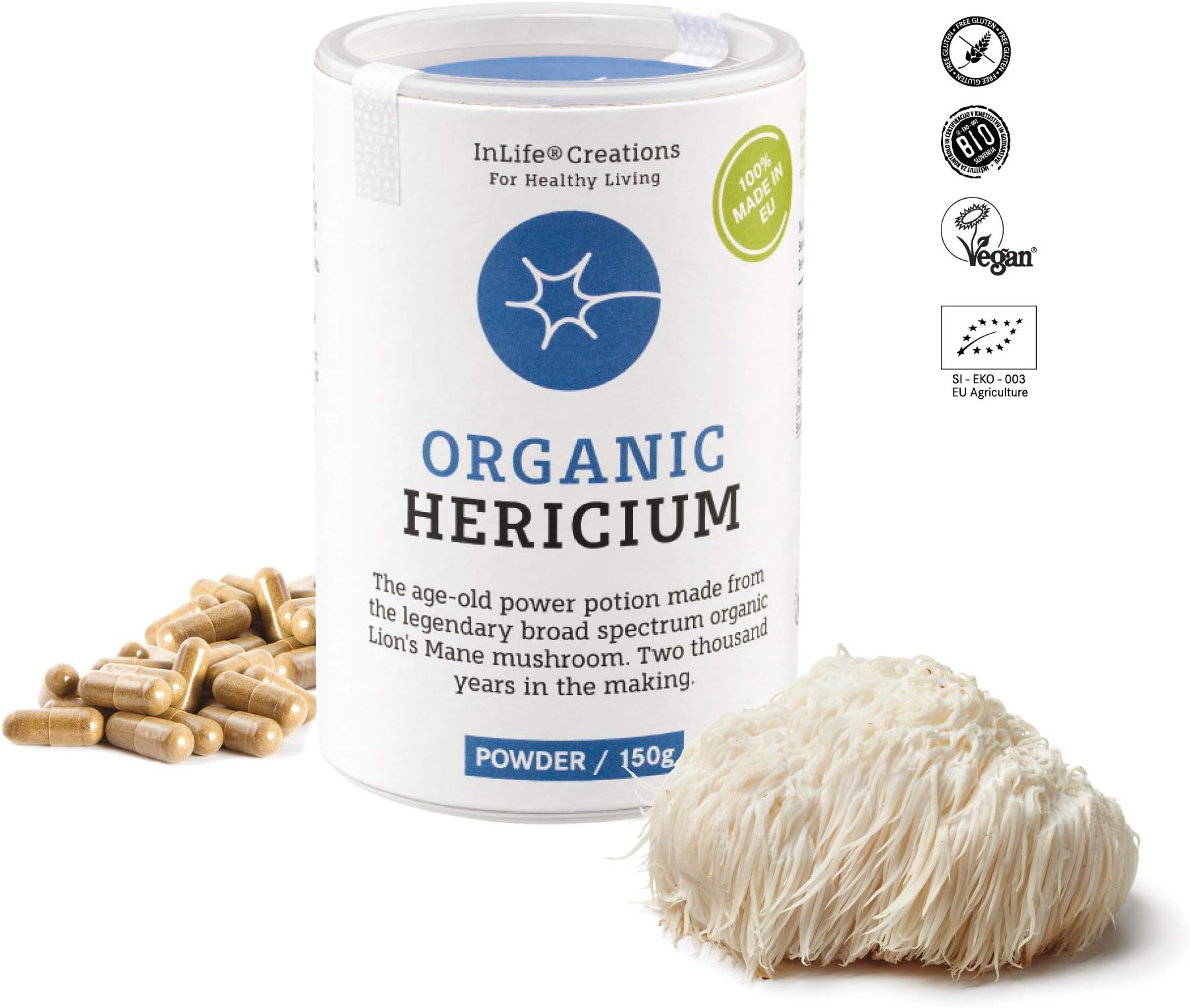100% Organic Lions Mane Mushroom | Hericium Erinaceus | 180 caps x 500mg | Grown 100% in EU | Vegan + GF | Eco Packaging | No 'Non - EU Agriculture' - New