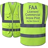 JKSafety 9 Pockets Class 2 High Visibility Zipper Front FAA Drone Pilot Safety Vest With Reflective Strips, HQ Breathable Mesh,Meets ANSI/ISEA Standards(210-Drone-Yellow L)