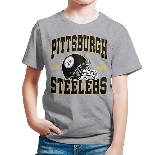 Junk Food Clothing x NFL - Pittsburgh Steelers - Team Helmet - Kids Short Sleeve T-Shirt for Boys and Girls - Size Medium
