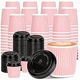 100 4oz Disposable Espresso Cups with Lids Ripple Corrugated Paper Disposable Coffee Cups Cups for Hot Chocolate, Tea, and Cocoa Drinks (Pink)