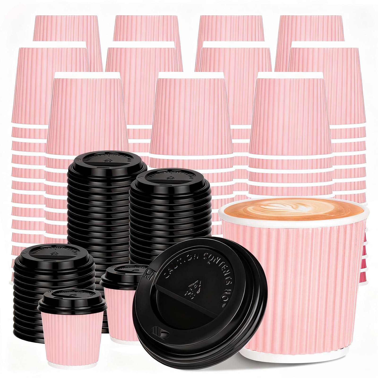 Photo 1 of 100 4oz Disposable Espresso Cups with Lids Ripple Corrugated Paper Disposable Coffee Cups Cups for Hot Chocolate, Tea, and Cocoa Drinks (Pink)