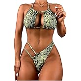 RoseSeek Women's Snakeskin Graphic Halter Bikini Set 2 Piece Cut Out High Cut Thong Swimsuits Beachwear