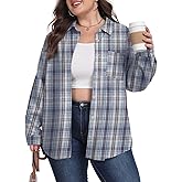 OLRIK Plus Size Plaid Shirt Flannel Long Sleeve Button Down for Women Loose Fit Comfortable Casual Loose Fit Blouse Haze Blue Plaid-2X