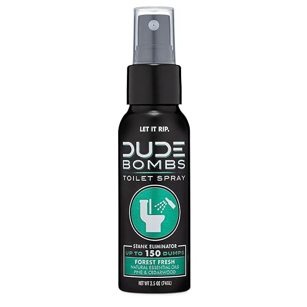 DUDE BOMBS – TOILET SPRAY – 2.5 OZ SPRAY BOTTLE – FOREST FRESH TOILET SPRAY WITH PINE AND CEDARWOOD ESSENTIAL OILS – STANK ELIMINATOR UP TO 150 DUMPS