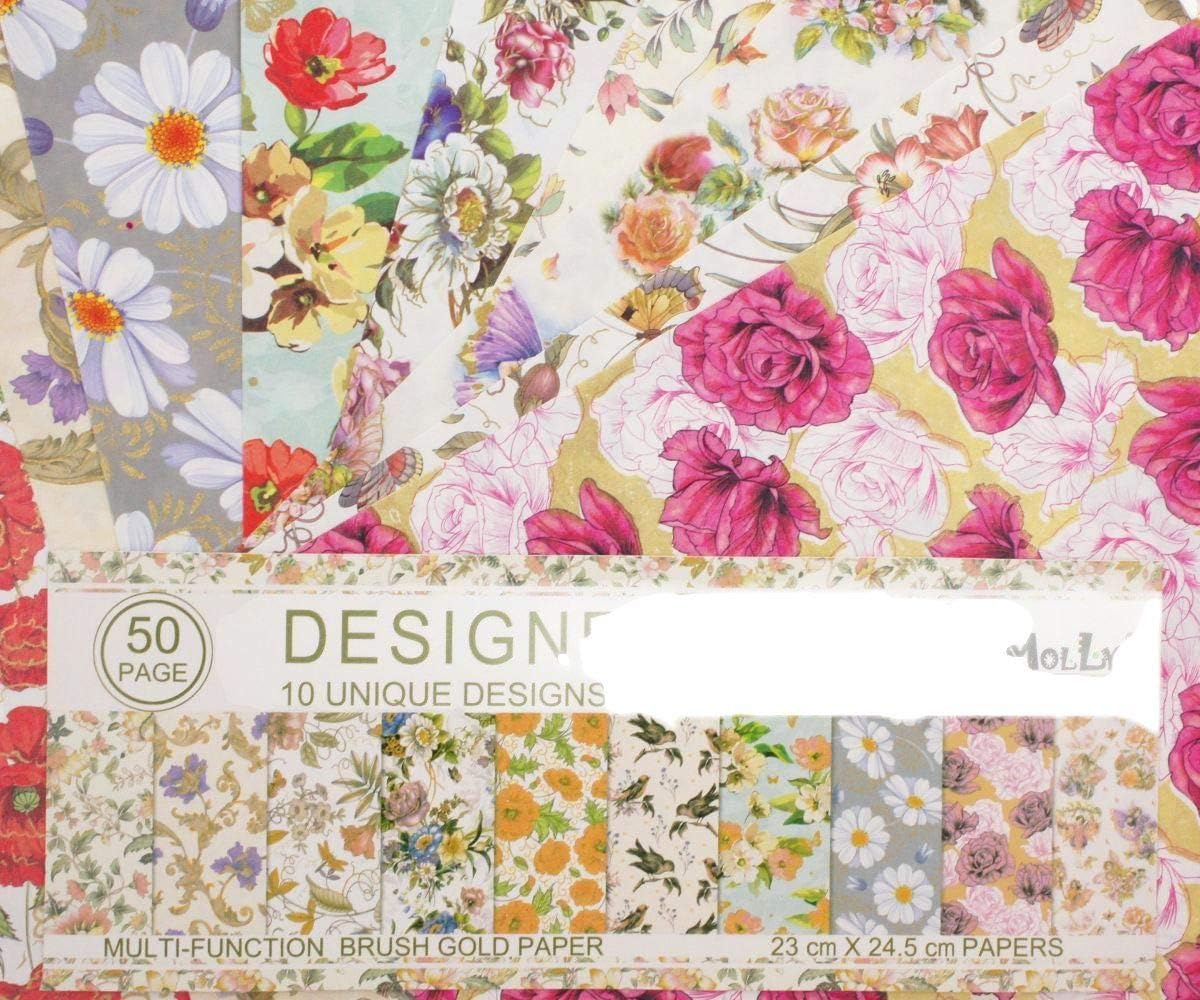 50 Sheets 10 Unique Nature Flowers Designs Scrapbooking Paper Decoupage Designer Brush Gold Paper Pack 23cm x 24.5cm