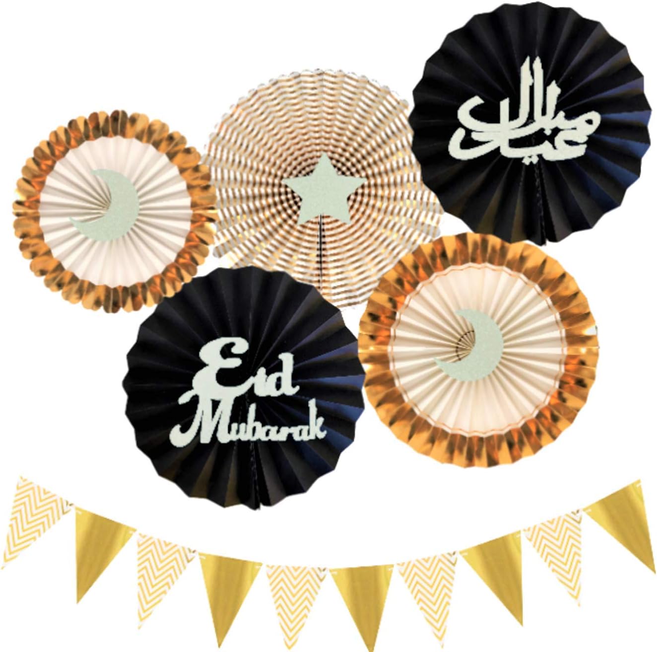 Eid Mubarak 11 Piece Set - Decoration Banners and Paper Fans - Perfect for Eid Parties and Events -(Black & Silver)