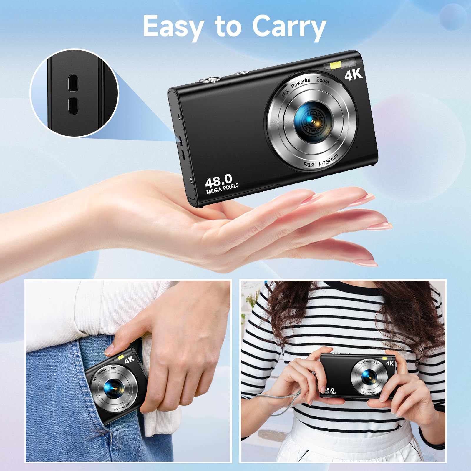 Digital Camera, Autofocus 48MP UHD 4K Vlogging Camera 16X Digital Zoom, Portable Compact Point and Shoot Digital Camera for Teens Adult Beginner with 32GB Card, 2 Batteries, Lanyard (Black)
