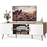SUPERJARE TV Stand for 55 Inch TV, Entertainment Center with Adjustable Shelf, 2 Cabinets, TV Console Table, Media Console, Solid Wood Feet, Cord Holes, for Living Room, Bedroom, Gray and White