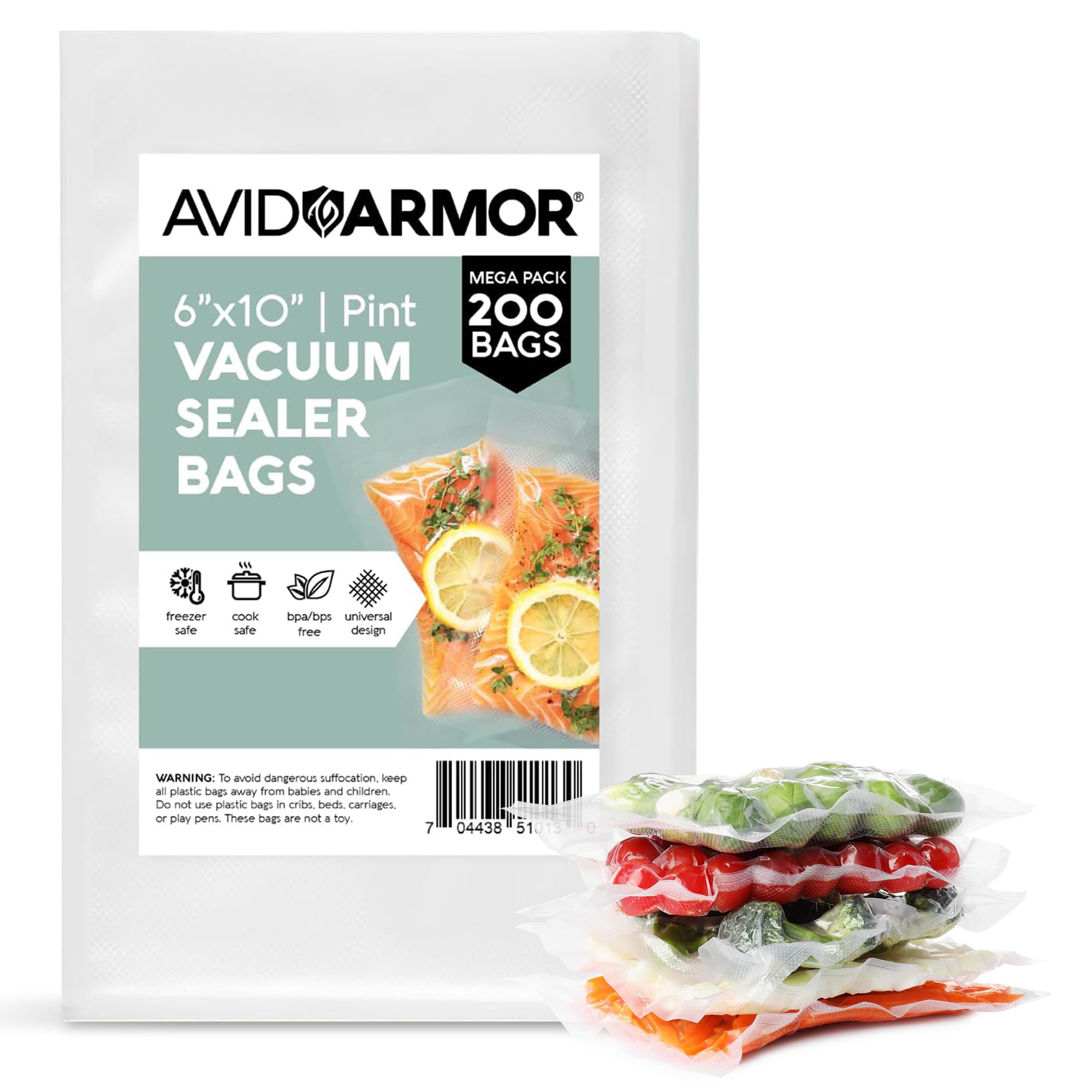 Photo 1 of Avid Armor Pre-Cut Pint Size Vacuum Sealer Bags 6x10 Inch 200 Pack - BPA Free, Heavy Duty, Commercial Grade, Compatible with FoodSaver & Seal-a-Meal, Perfect for Sous Vide & Food Storage