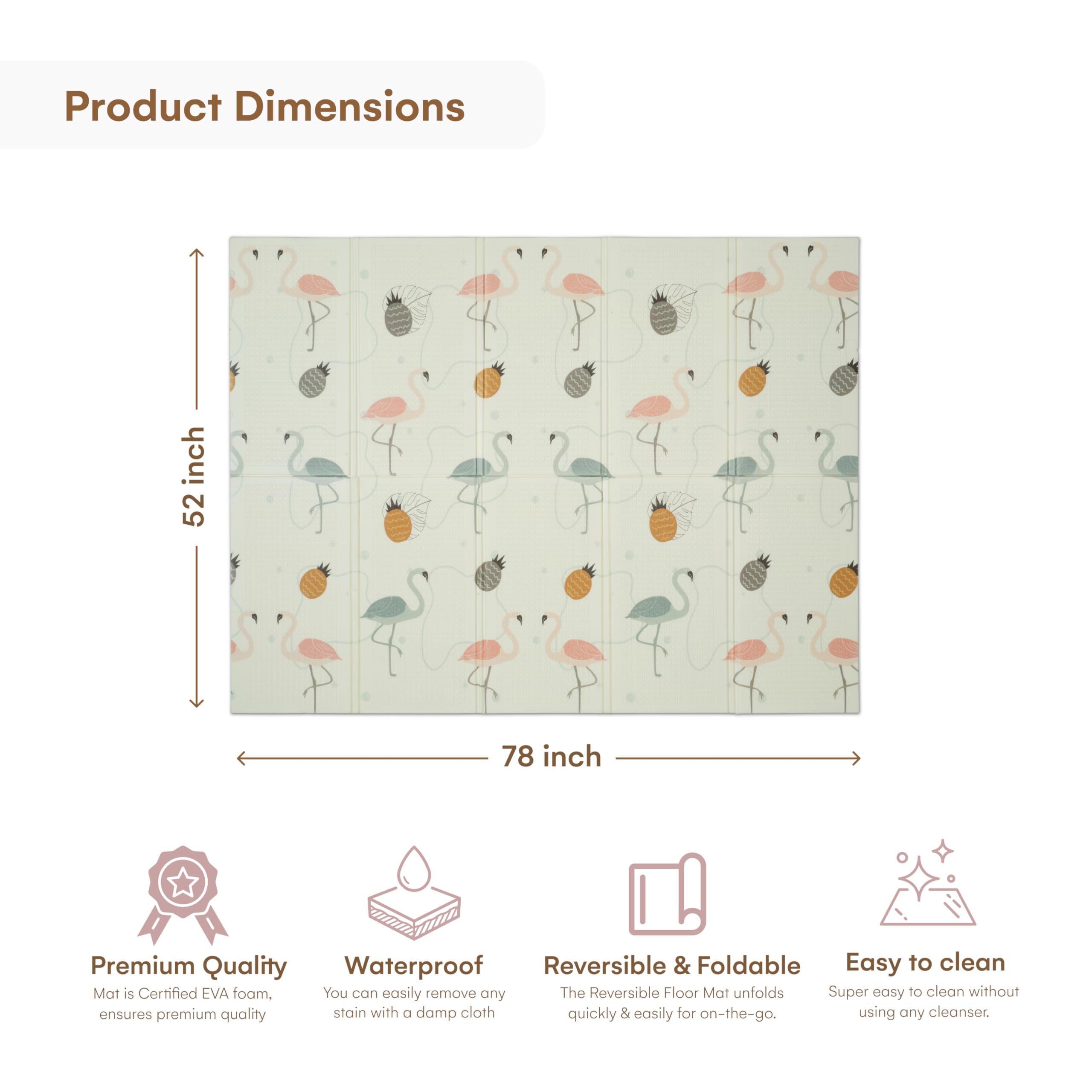 CHILDLIKE BEHAVIOR Baby Play Mat - 78x52-Inch Reversible Tummy Time Mat for Infants and Toddlers - Foldable Foam Baby Floor Play Mat - Portable and Easy to Clean Padded Crawling Mat - Flamingo