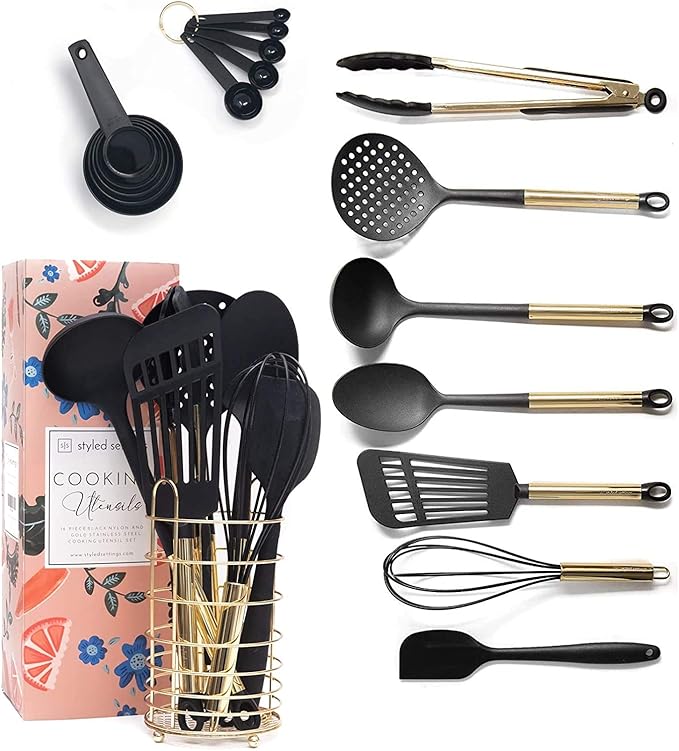 Black and Gold Cooking Utensils with Stainless Steel Gold Utensil