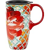 DUSVALLY Ceramic Coffee Mug Travel Cup with Lid for Car Cup Holder, Porcelain Tall Tea Cup for Latte, Cappuccino and Cocoa, 17 Oz, Red Flower