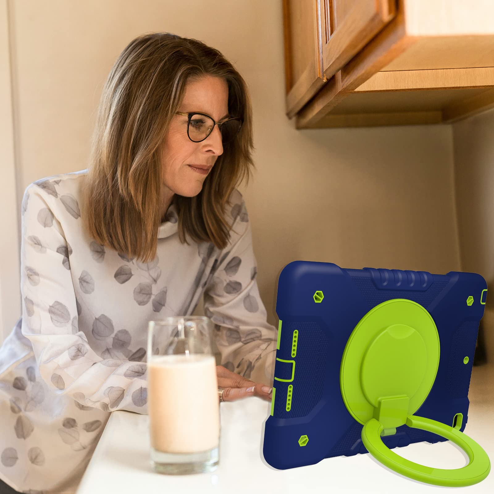 Andnary Case for iPad 9th/8th/7th Generation 10.2 inch, Shockproof Cover with Screen Protector/360° Rotating Handle/Bracket/Pen Holder/Shoulder Strap, Kids Case for iPad 2021/2020/2019 (Navy+Green)