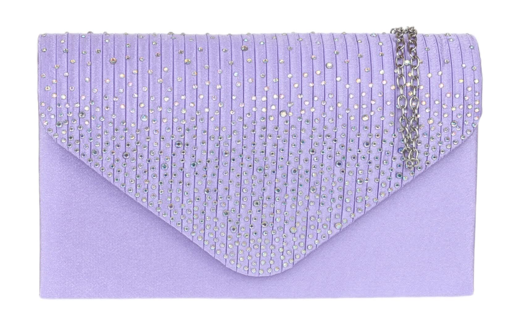 Girly Handbags Womens Pleated Satin Clutch Bag Diamante Shoulder Chain Elegant Prom Wedding Evening (Lilac)