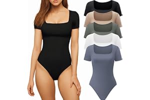 CE' CERDR Women’s 5 Pack Short Sleeve Bodysuits Square Neck T-shirt Basic Casual Tops Body suit