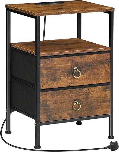 HOOBRO Bedside Table with Charging Station Rustic Brown & Black EBF110KBZ01